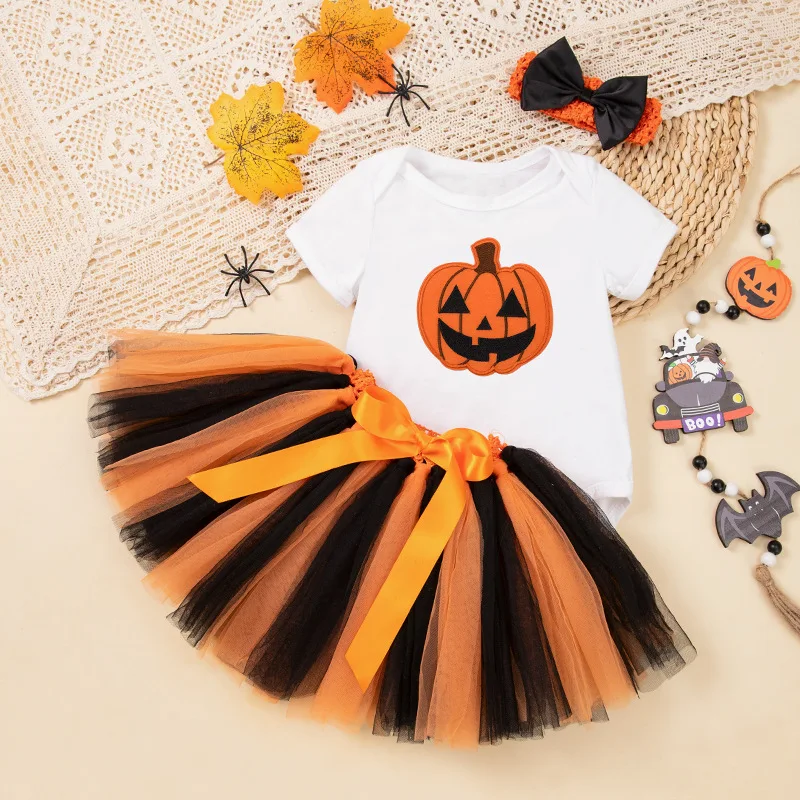 

12 Moths Newborn Girl Halloween Costumes Short Sleeves Pumpkin Bodysuit Tutu Skirt Headband Baby Girl First Halloween Clothes