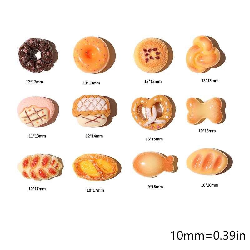 10 pçs resina simulação comida encantos do prego kawaii dos desenhos animados donut pão acessórios da arte do prego charme 3d para diy decorações de unhas salão