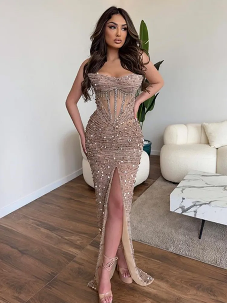 

Women Celebrity Luxury Sexy Strapless Diamonds Mesh Sequins Maxi Long Gowns Dress 2024 Elegant Evening Party Club Dress Vestido