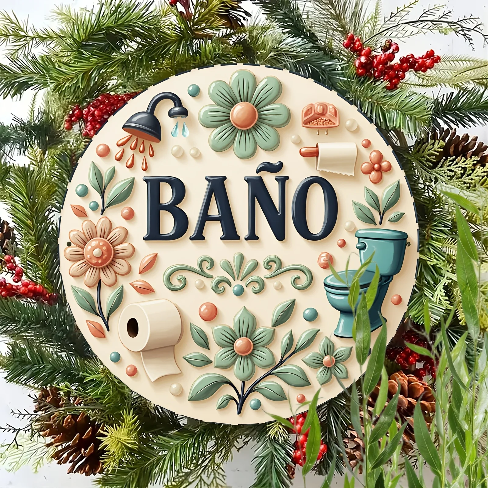 Aluminum Sign, BAÑO Floral Decorative Sign, Bathroom Theme, Fun Aluminum Sign, Adds an Artistic Touch, Suitable Iron Wall Decor