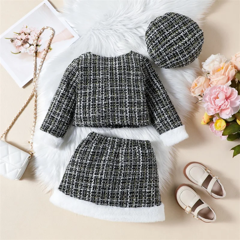 Kid Baby Girls Clothes Sets Toddler Children Outfits Long Sleeve Button-up Jacket Short Mini Skirt Beret Hat Autumn Clothing