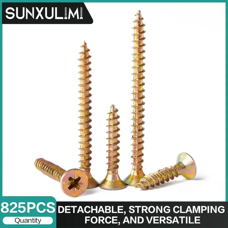 

825 шт. M3.5M4M5 Набор саморезов по дереву — сверхмощные желтые оцинкованные винты с потайной головкой и плоской головкой, без получения предварительного сверления