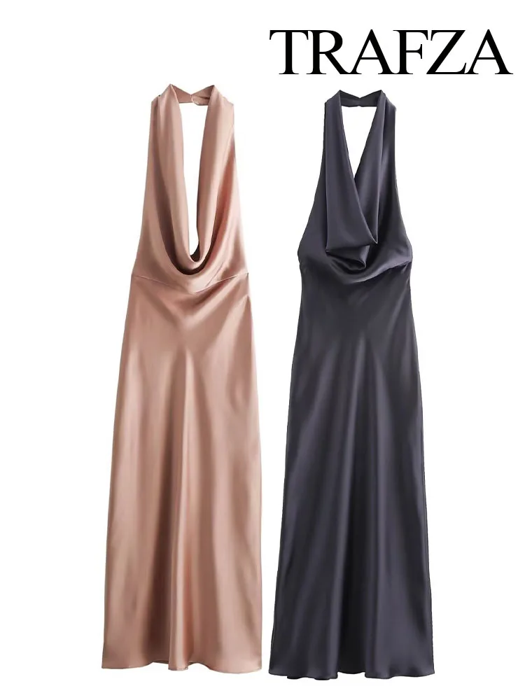 TRAFZA-Robe Mi-Longue en Satin pour Femme, Tenue Sexy, Dos aux, Col Frontal, Couleur Unie, Été