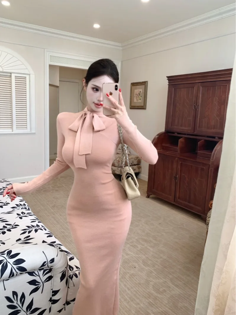 

Сексуальное трикотажное платье женское осенне-зимнее облегающее талию с длинным узлом све висячим Ne Dr Bodycon Dr