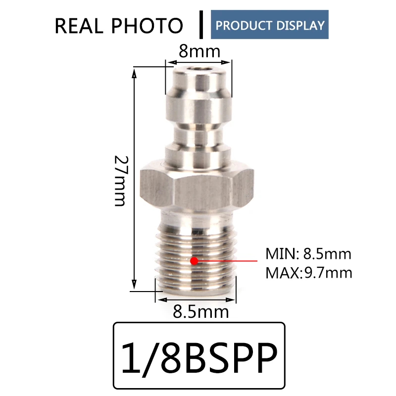 Quick Coupler 8MM Male Plug Adapter Fittings 1/8NPT 1/8BSPP M10x1 Thread Air Refilling Stainless Steel 3pc/set