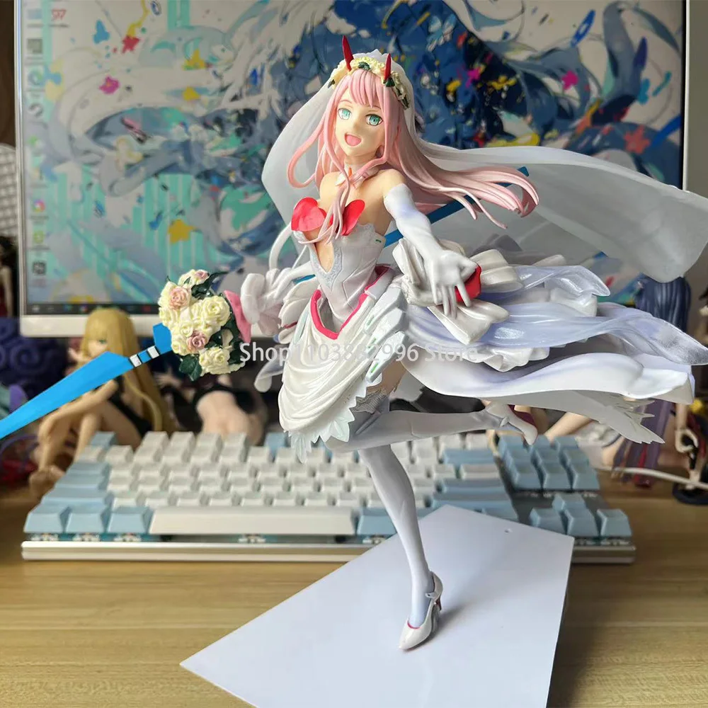 

25CM Japanese Anime Girl Soft Chest Figurine Zero Two Wedding Dress Ver 1/7 Action Figure Adult Collection Model Toy Doll Gift