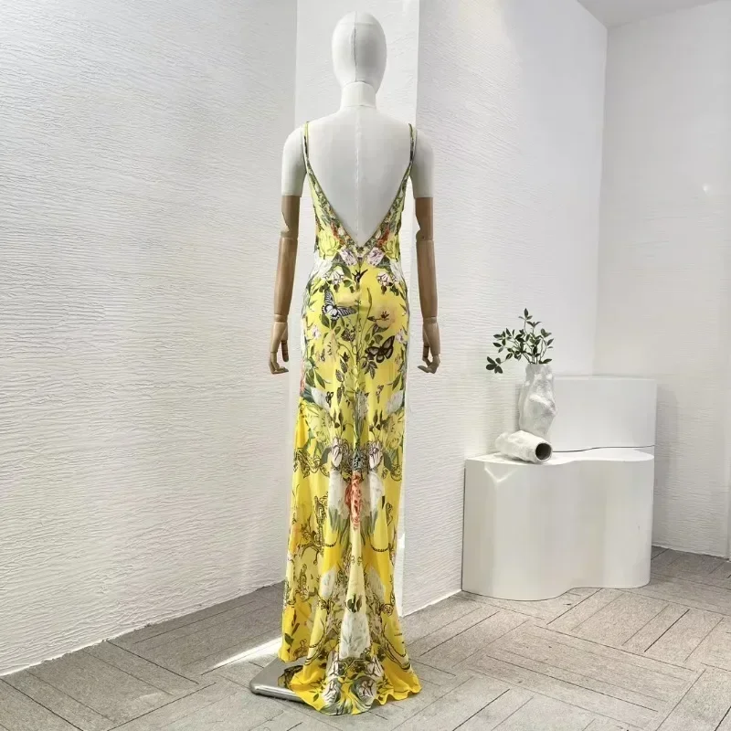 Camisole Dresses of Silk 2024 Re-tro SleevelessYellow Floral Print Elegant Diamonds Backless Women Vacation Maxi Summer