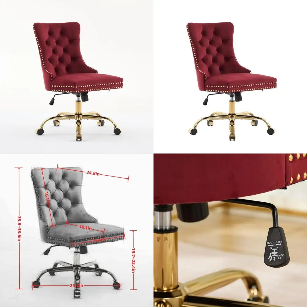 

Red Velvet Swivel Chair with Tufted Back and Gold Metal Base, Adjustable Height Desk Chair for Home Office or Makeup Area