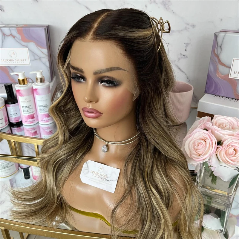 

28 Inches Wig Ombre Brown Blonde Colorde With Dark Roots Lace Wig Glueless Natural Preplucked Hairline with Baby Hair Body Wave