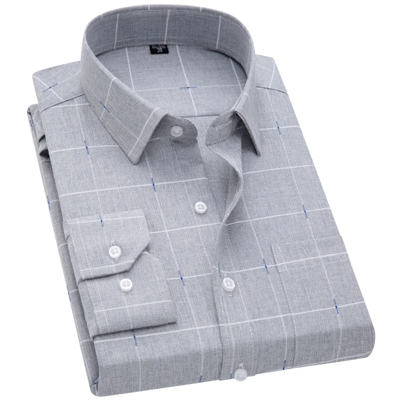 Camisa de fibra de bambú para hombre, Camisa ajustada de manga larga, elástica, no de hierro, Color sólido, Formal, Social, informal, a la moda,