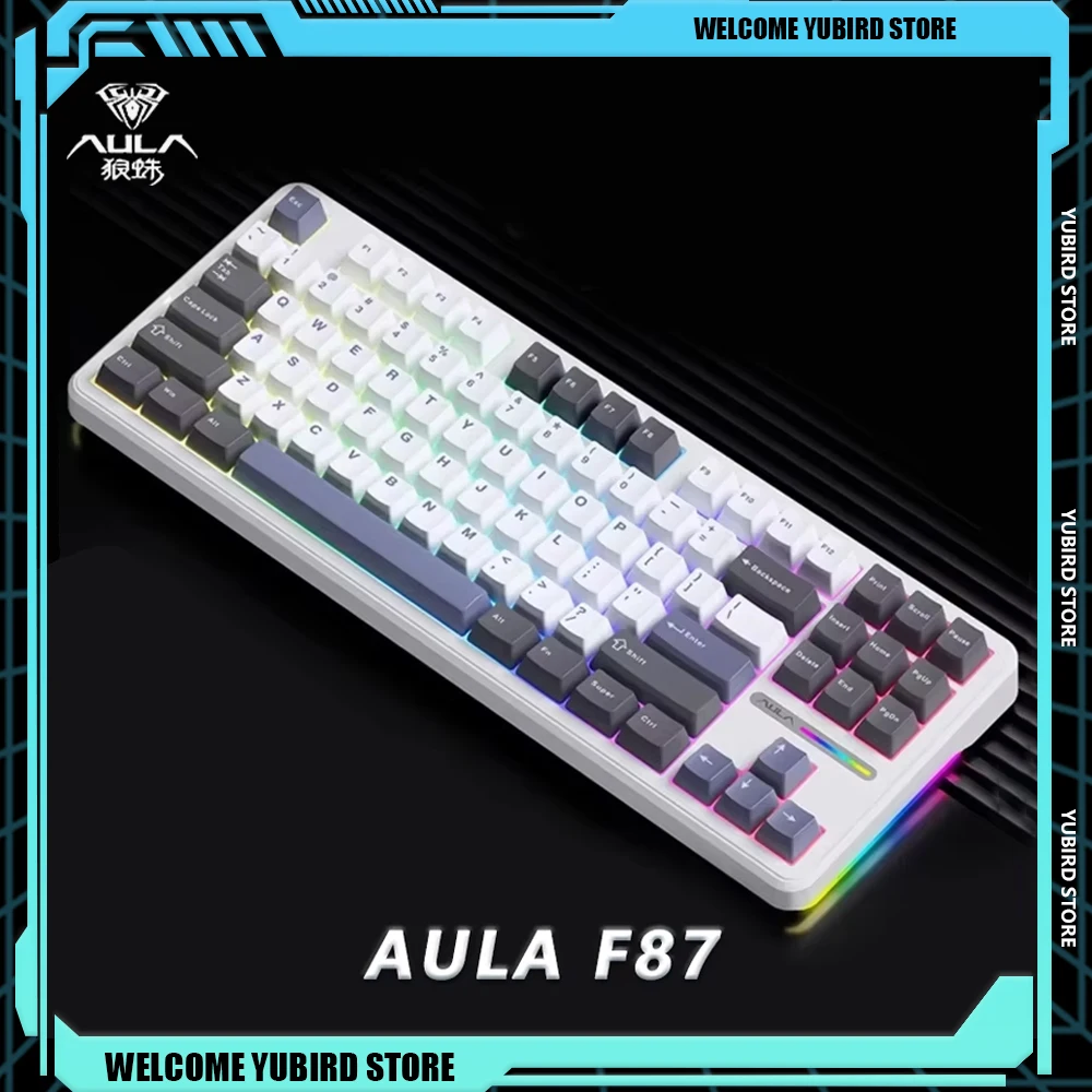 AULA F87 Mechanical Keyboards Tri-Mode RGB Side Light Hot Swap Grey Wood Switch Gaming Keyboards Wired Gaming Accessories Gifts