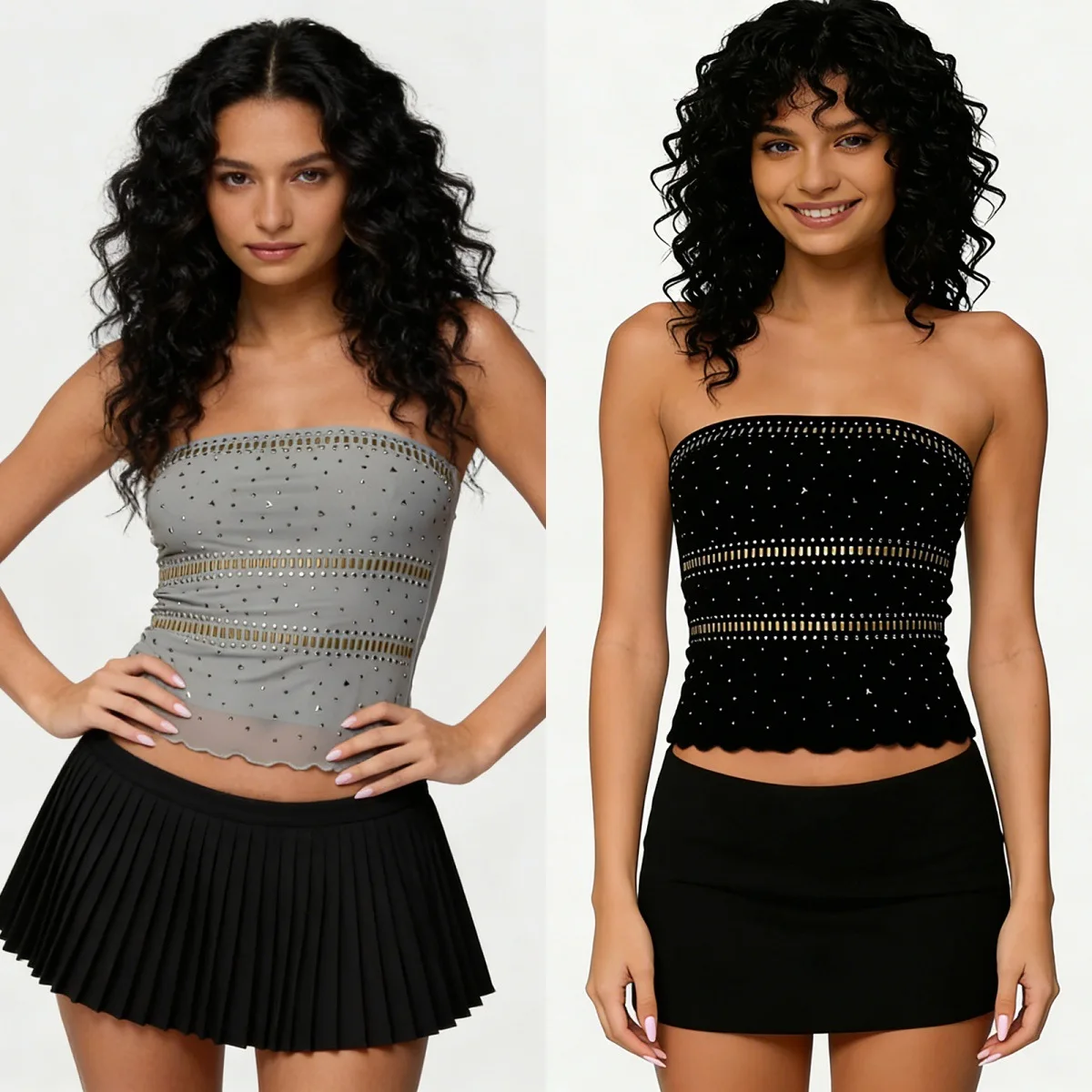 ONE TO WAN Women Tube Tops Strapless Sleeveless Studded Summer Vest Bead Embellished Sleeveless Bustier A-Line Narrow Strap Vest