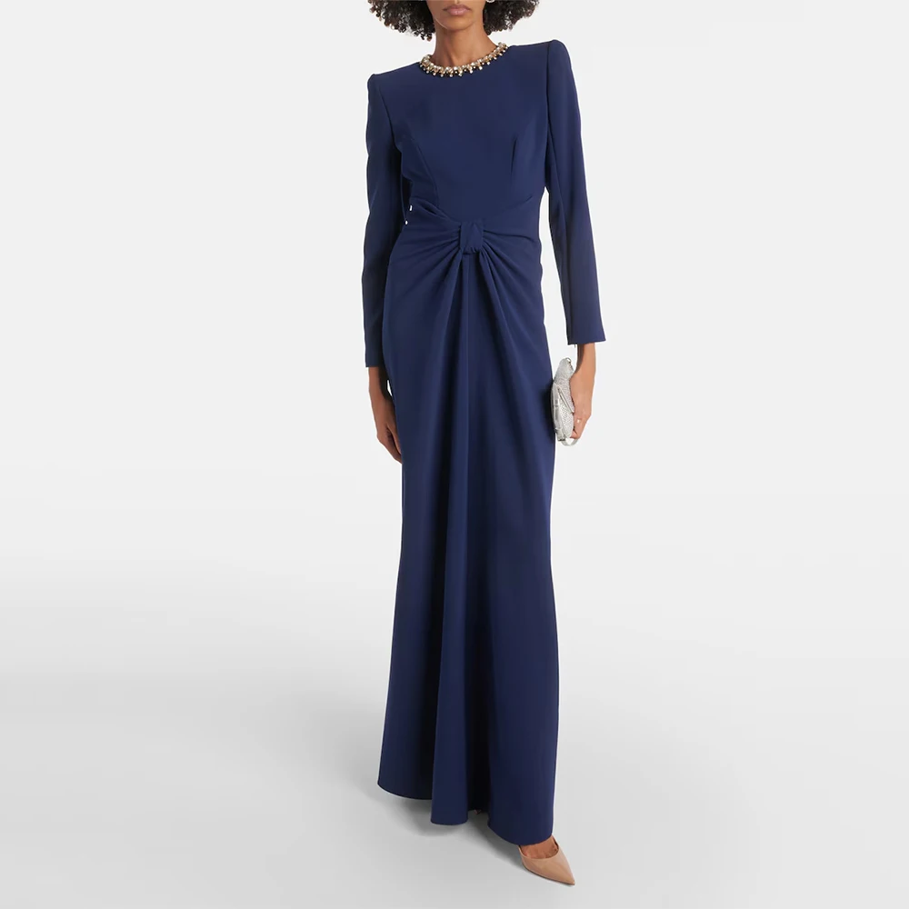 

Modern Dark Navy Evening Gown Sheath Long Sleeves Prom Dress O Neck Beading Saudi Dress Floor Length Formal Party Dress