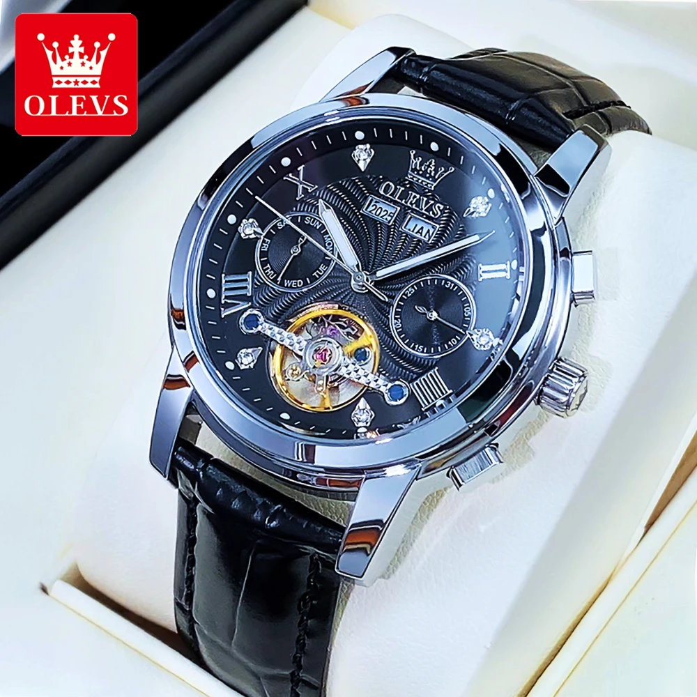 

OLEVS мужские часы повседневное платье кожаный ремешок с автоподзаводом маховик автоматические механические наручные часы водонепроницаемый календарь 7088