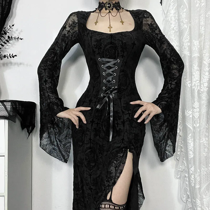 Vintage Goth Lace Flocking Flared Long Sleeve Party Dresses Y2K Sexy High Slit Lace-up Bodycon Long Dress Women Autumn Fashion