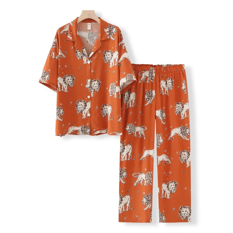 Ladies Short Sleeve Shorts Pajamas Set Comfortable Loungewear Long Loose Home Suit Orange Lion Printing Simulated Silk Sleepwear