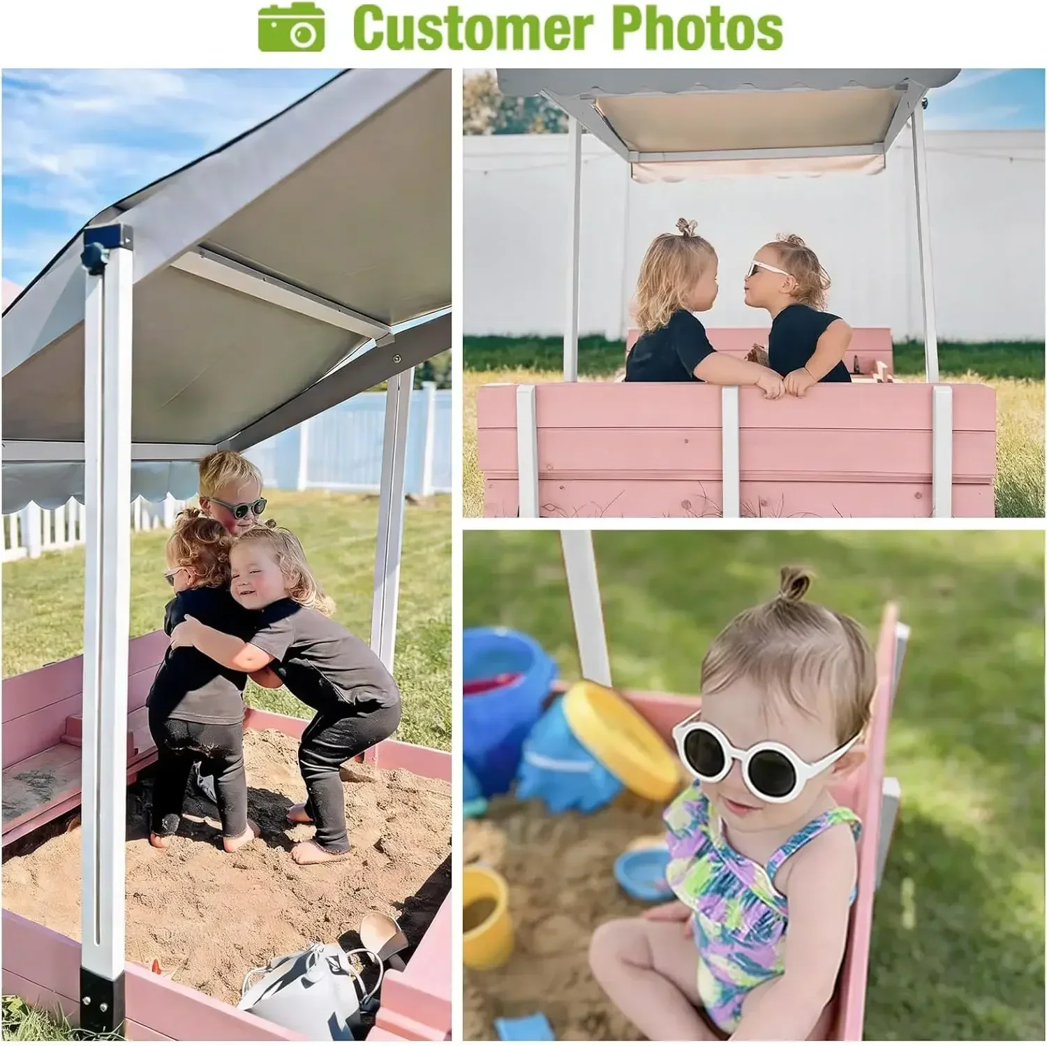 Kids Wooden Outdoor Sandbox w/Canopy, 2 Foldable Bench Seats, Retractable Roof Sand Protection Liner 47x47-Inch -Pink Color