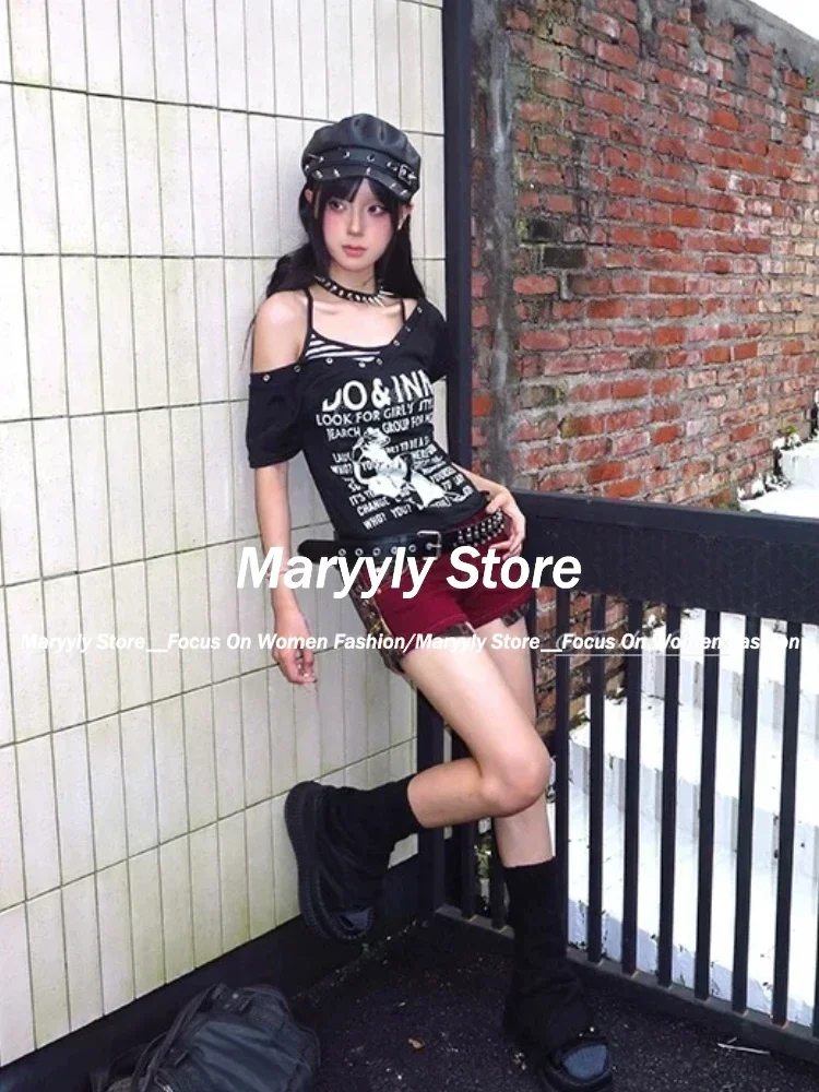 2024 Summer Y2k Aesthetic Tops Two Pieces Set Women Harajuku Fairy Cropped Letter Printing V Neck T Shirts + Stripe Grunge Vest