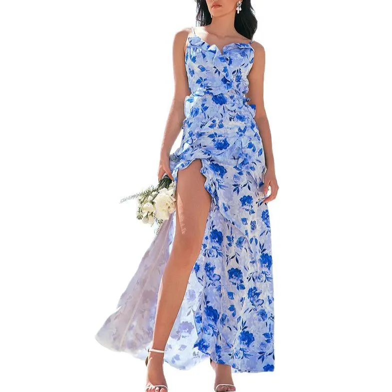 فستان ماكسي جديد لربيع وصيف 2025 من الشيفون مطبوع بدون حمالات فستان سهرة أنيق #5