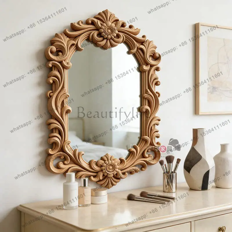 D14 European retro bathroom mirror gold relief decorative carved special-shaped makeup mirror