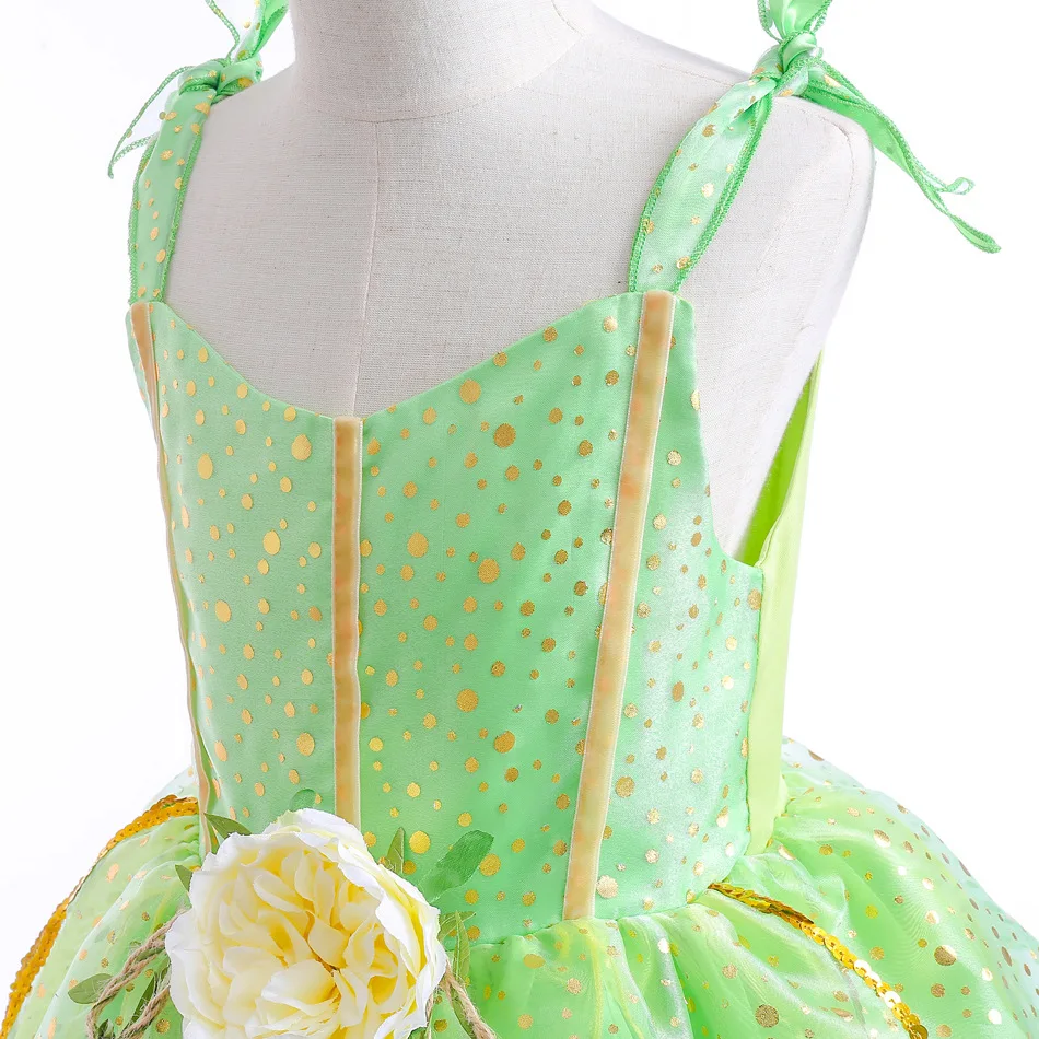 Girls Tinker Bell Dress With Wings Luxury Sequin Green Fairy Costume Halloween Fantasy Cartoon
