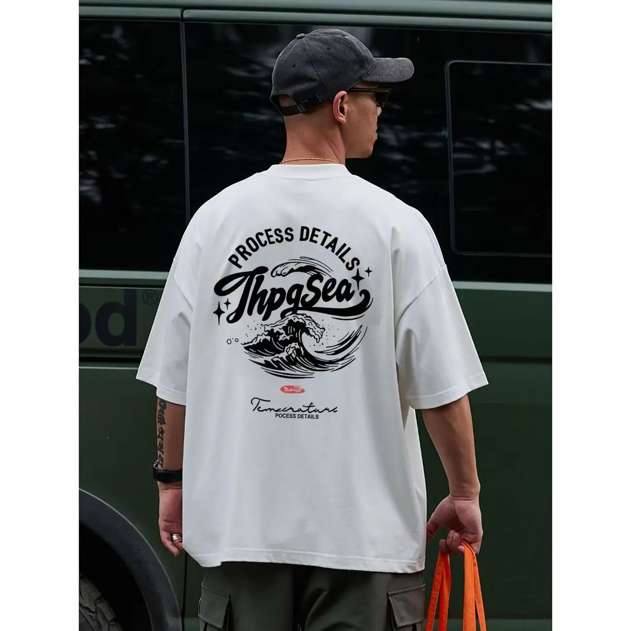 Men's Oversized Graphic Tee – “Process Details ThpgSea” Surf Wave Print Cotton T-Shirt for Summer Streetwear