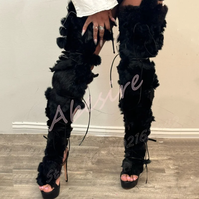 أسود فو الفراء الدانتيل يصل أحذية منصة طويلة جولة تو خنجر عبر حزام الصنادل المرأة مثير ملهى ليلي حفلة فروي عالية الكعب #2