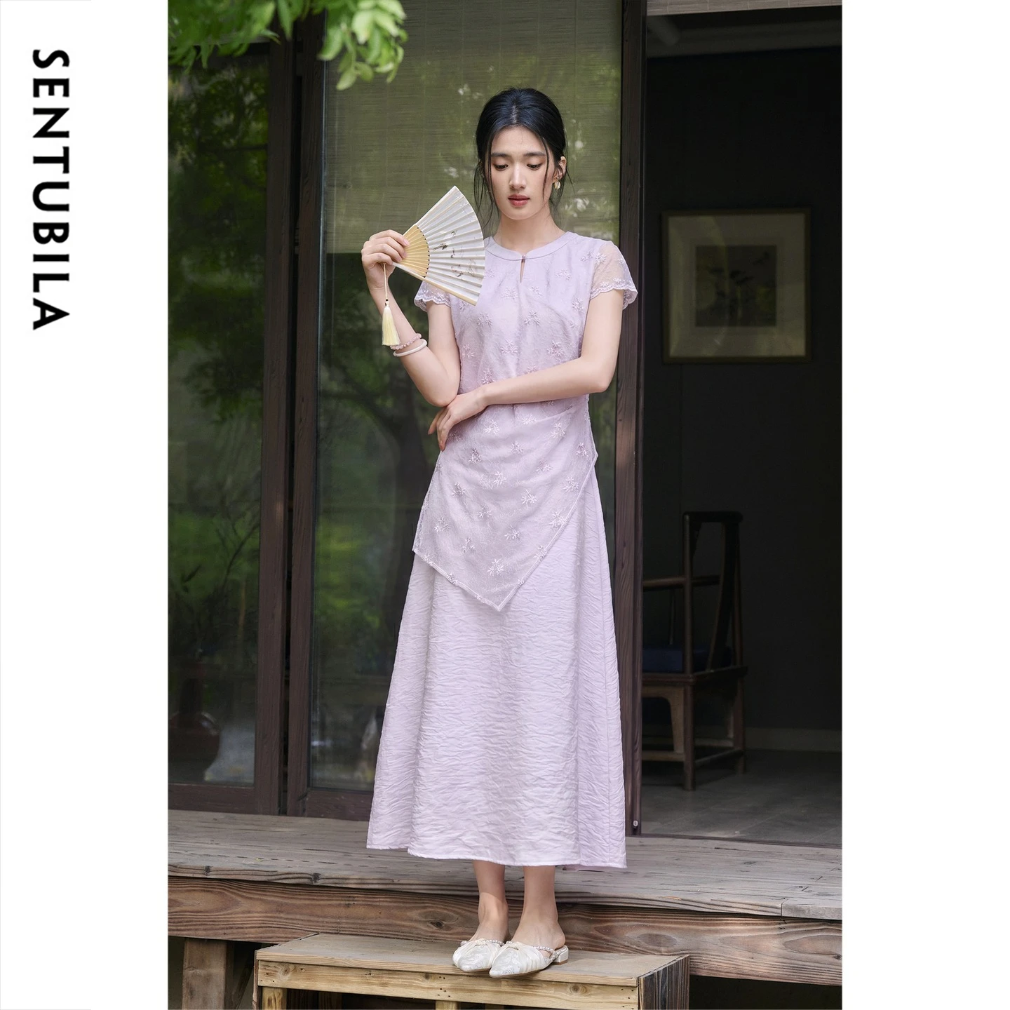 SENTUBILA Women's Elegant Purple Dress 2026 Fake Two Lace Flying Sleeve Satin Texture A-Line Dress Female Clothes 162LI7124