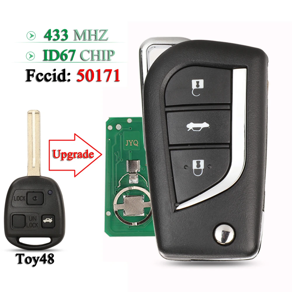 

jingyuqin 50171 Modified For Toyota Lexus Prado 120 RAV4 Kluger Flip Remote Car Key Fob 433MHz 4D67 /4C Chip 3 Buttons