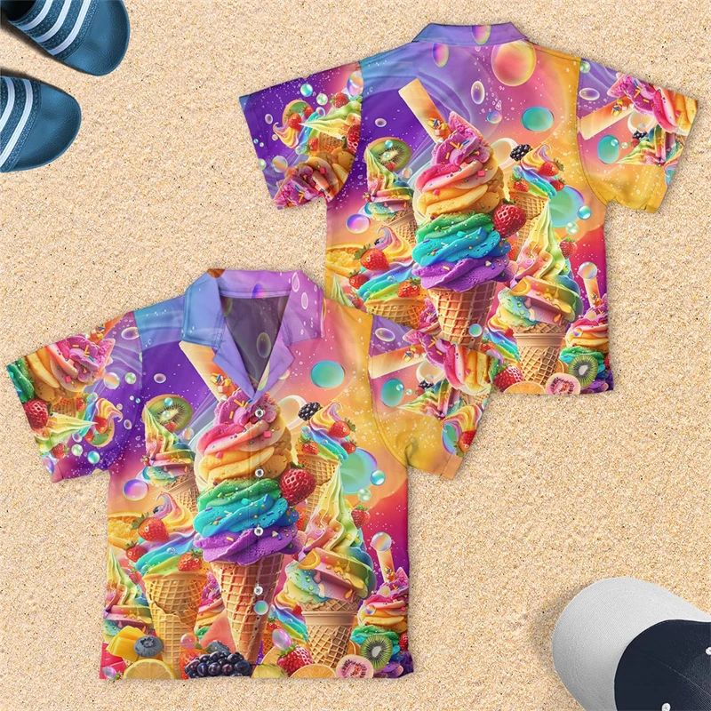 Abstract Icecream 3D Printed Lapel Blouse Hawaiian Chocolate Cone Ice Cream Boy Blouses Popsicle Aloha Short Sleeve Beach Shirts