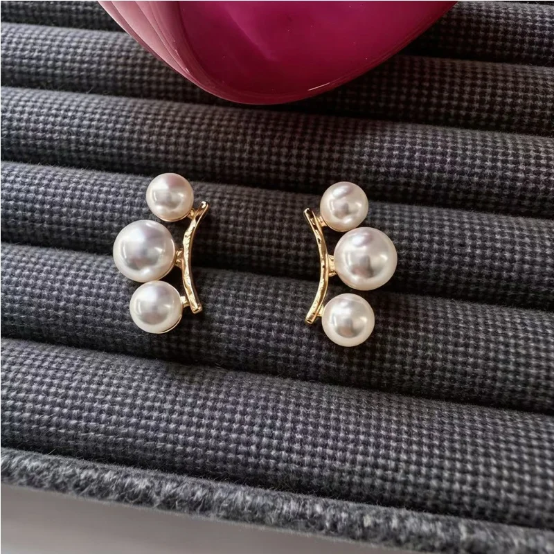 Elegant Graduated Pearl Stud Earrings, Gold Tone Three-Pearl Crawler Earrings, Minimalist Wedding Jewelry for Women
