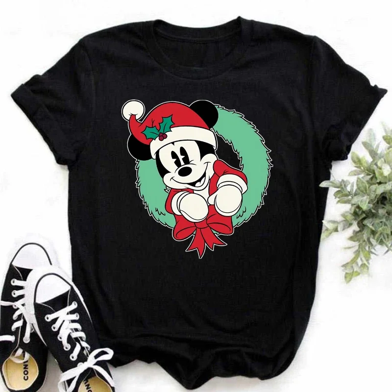 Camiseta de Mickey Minnie Mouse, camiseta con estampado de sombrero de Navidad, camiseta de moda para mujer, ropa femenina, camiseta Kawaii de Disney