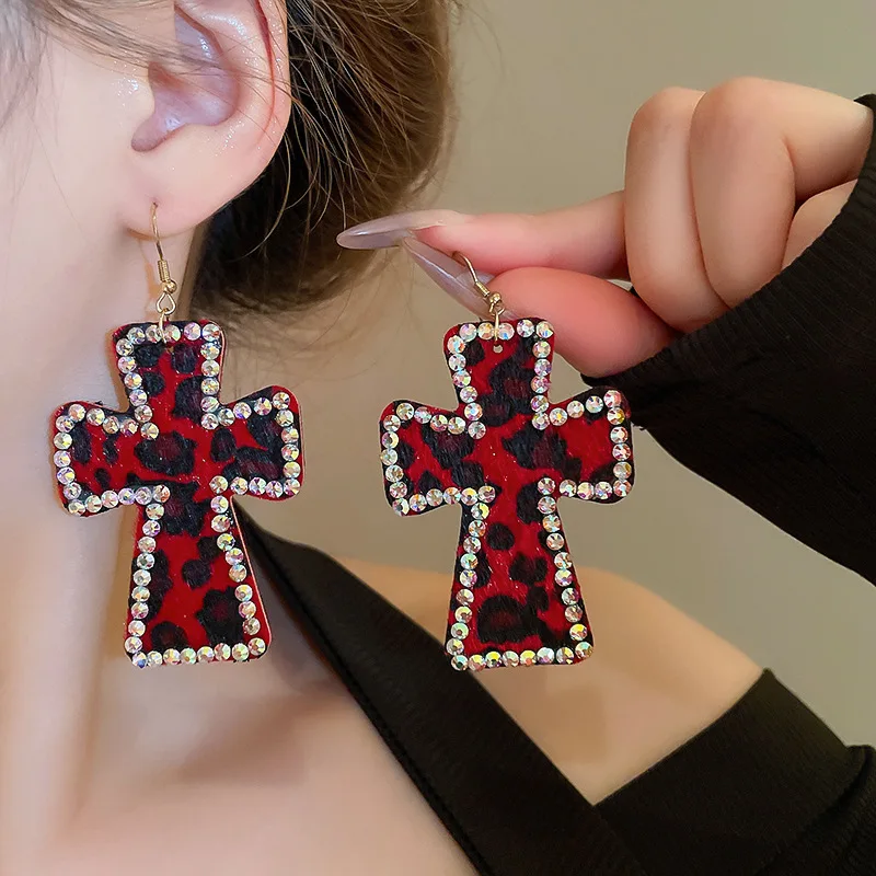 NISHIZAWA-pendientes de Cruz con estampado de leopardo para mujer, aretes de moda con personalidad, diseño de nicho Y2k