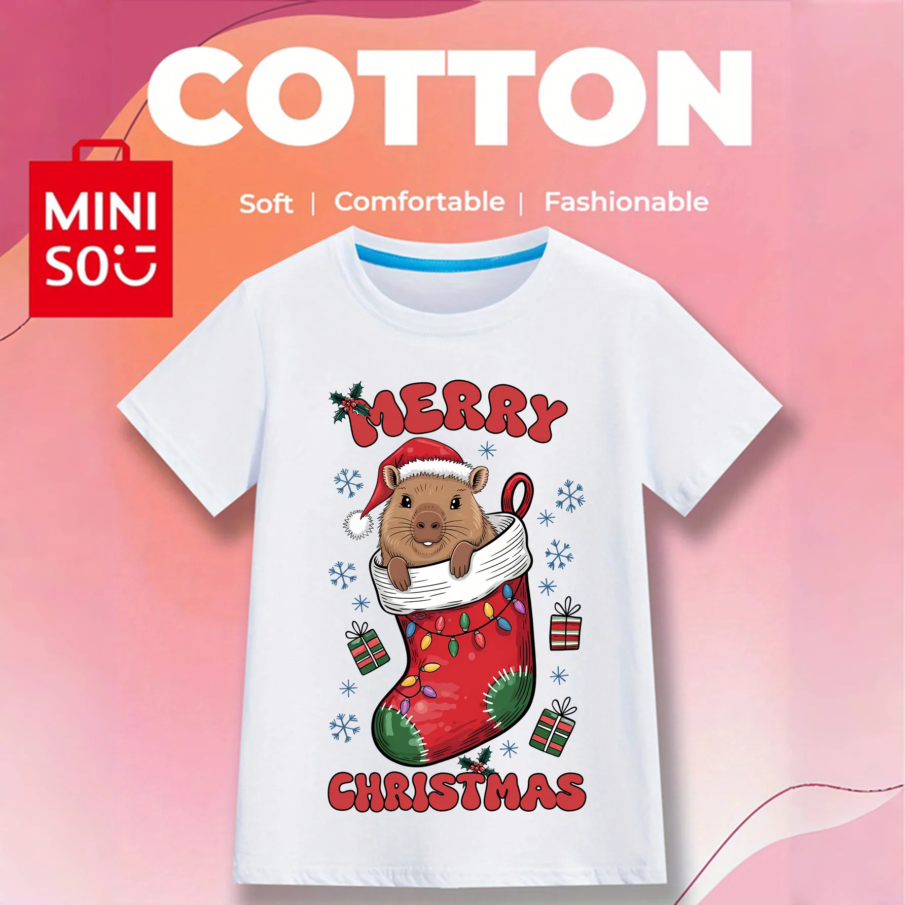 

Merry Christmas MINISO Capybara 100% Cotton Children’s T-shirt Boys/Girls Gift Soft Clothes Outdoor O-neck Short Sleeve T-shirt