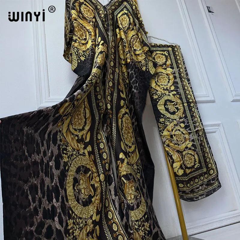 WINYI abaya dubaj luksusowy afrykański nadruk boho dekolt w serek z długim rękawem sukienka Kaftan, elegancka sukienka maxi, odzież damska