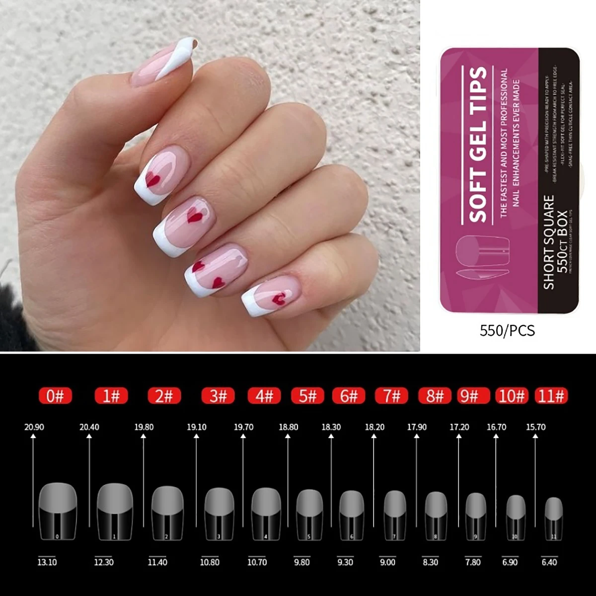 550 Stück Sargförmige Mandel-Soft-Gel-Nagelspitzen, künstliche halbe Abdeckung zum Aufdrücken, Acrylnägel in 11 Größen, künstliche Nägel, DIY-Maniküre-Verlängerungswerkzeuge – Detail 11