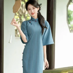 Sexy Red Blue Traditional Dresses Cheongsam Womens Qipao Stripe Stand Collar Robe Orientale Girl Dress Plus Size 23621
