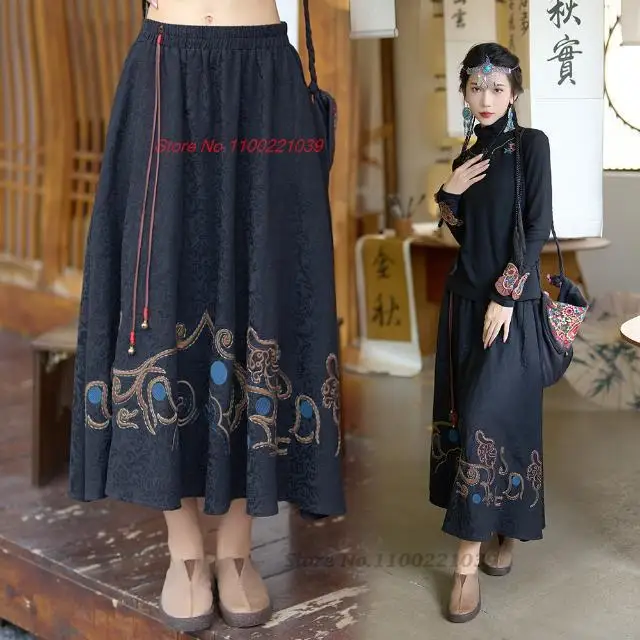 2024 Chinese Traditionele Rok Nationale Bloem Borduurwerk Jacquard Rok Vintage Losse Elastische Taille Midi Rok Folk Dans Pak