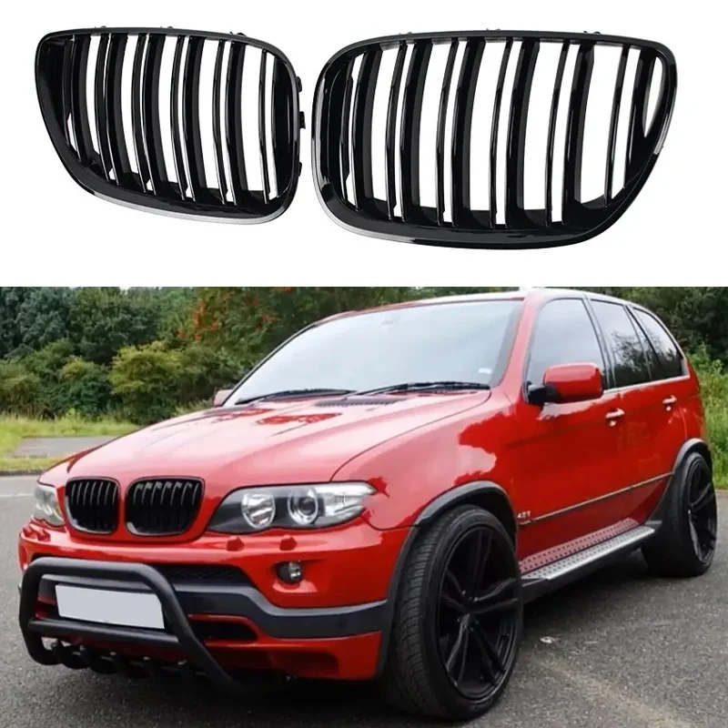 For BMW X5 E53 Car Front Kidney Grill Gloss Black M Double Slat Hood Grille Racing Grills Auto Grilles Accessories 2004-2006