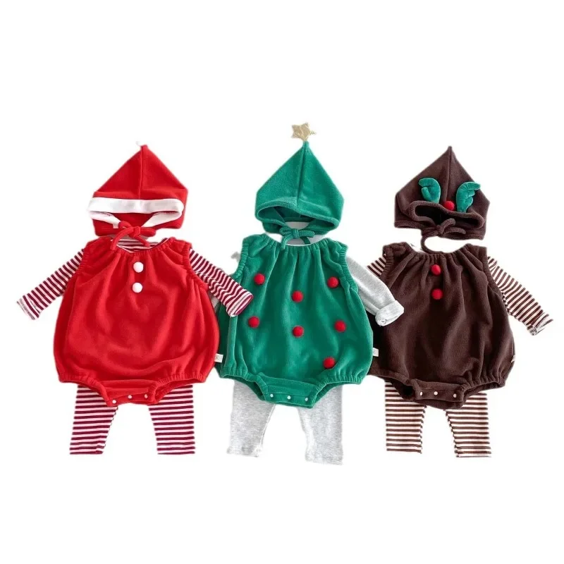 Christmas Costumes Autumn Baby Girls Clothes Twins Boy Romper Bodysuits Baby Sets Infant Baby Velvet Pullover Jumpsuits with Hat