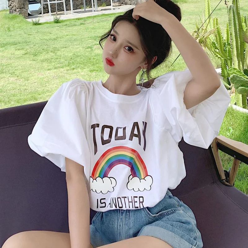 Stylish O-Neck Loose Printed Folds Puff Sleeve Blouse Female Clothing 2023 Summer New Casual Pullovers All-match Korean Shirt