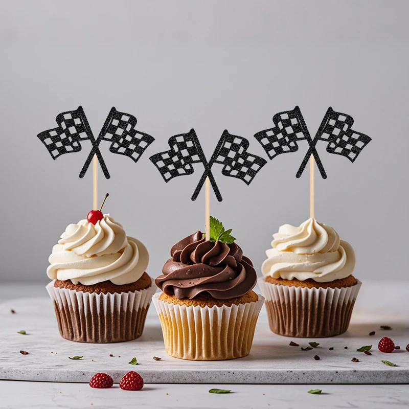NUBECOM 24 Stück Karierte Rennflaggen-Cupcake-Topper Glitzer-Cupcake-Stecker Rennwagenflaggen Kuchen-Dekorationen für Geburtstage – Detail 1