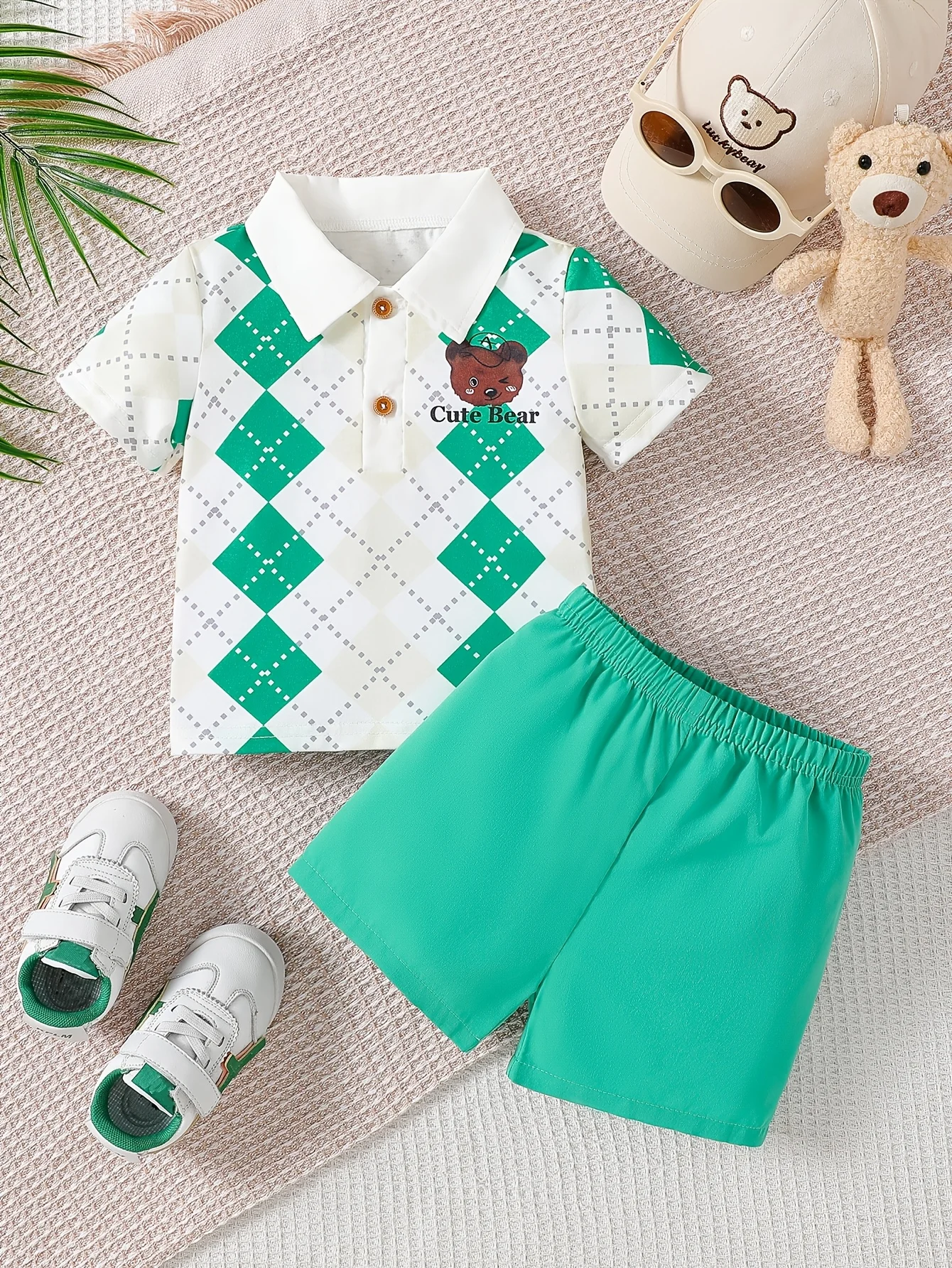 

Boys' Two-Piece Summer Outfit: Polo Shirt with Cute Bear Pattern + Solid Green Shorts | Valentine's Day Gift / Birthday Gift