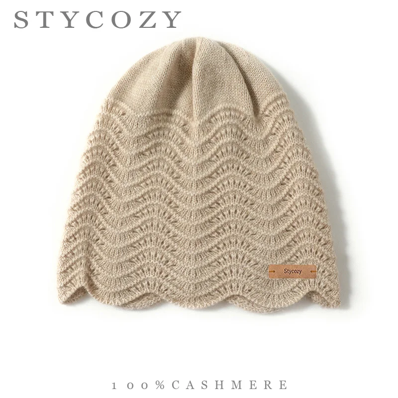 100%Cashmere Women Hollow Out Knit Beanie Wave Pattern Slouchy Winter Hat Scalloped Hem Soft Elegant Skull Cap for Daily Commute
