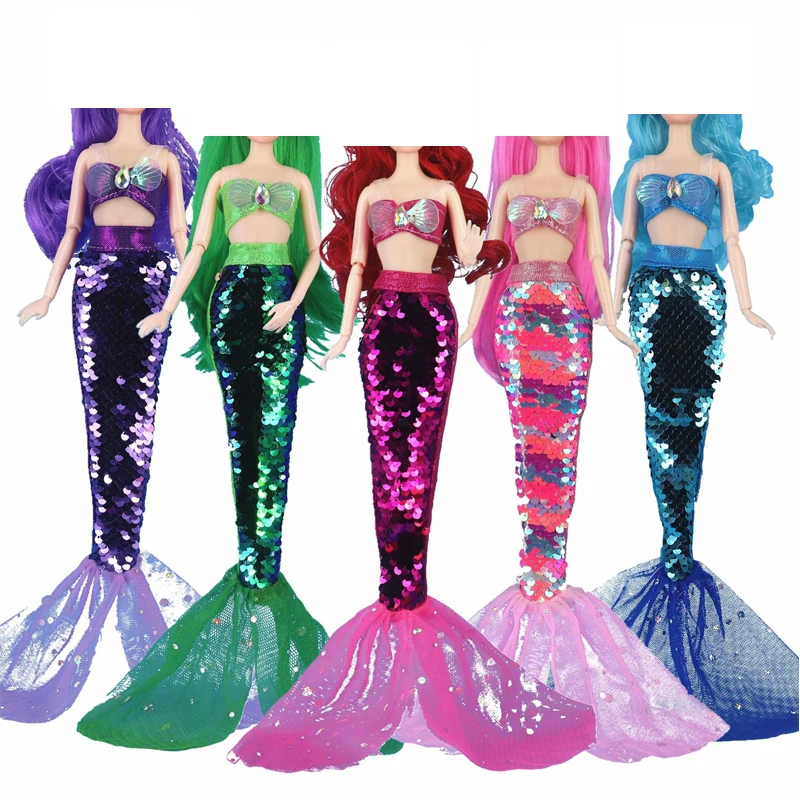 Mermaids Shinny Doll Dress Sequin Fish Tail Gown Lace Skirt TopPrincess Party Outfit Clothes for Barbie Doll Accessories Kid Toy