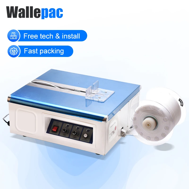 Wallepac A2T escritorio 5Mm plástico Pp correa rollo caja de cartón semiautomática pequeña máquina flejadora aplicadora horizontal