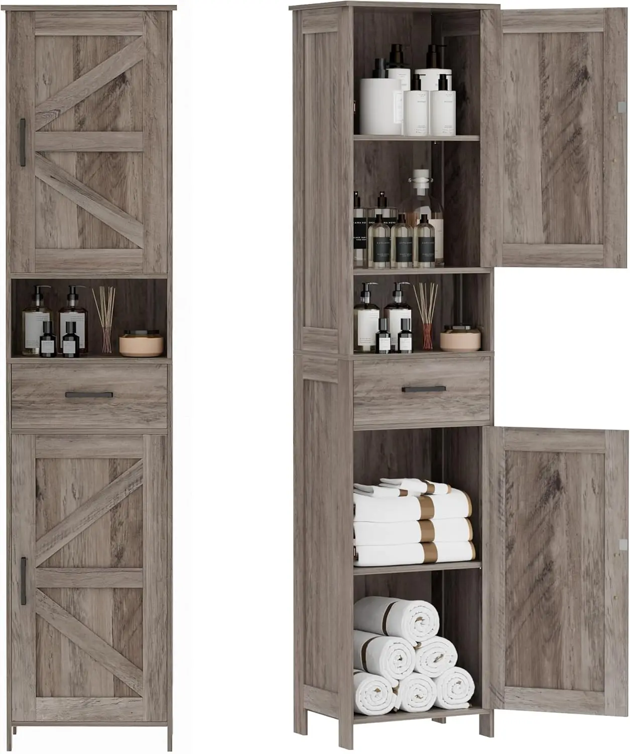 

Homhedy 67" H Tall Bathroom Storage Cabinet with 2 Barn Doors and 1 Drawer，Narrow Storage Unit, Adjustable Shelves