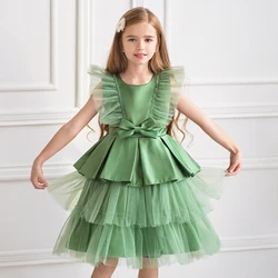 Fluffy Lace Bow Girls Party Dress Summer Wedding Birthday Princess Kids Dresses for Girl Gala Evening Vestido Christmas Costumes