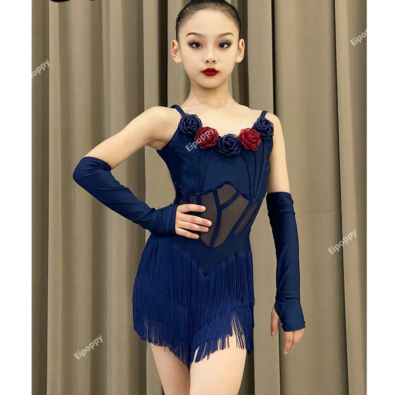 

Children's Latin dance dress net gauze performance tassel skirt girl halter halter professional practice dance dress