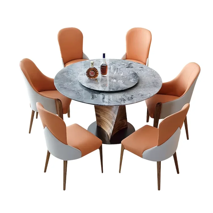 

gh- Table and Chair Set Modern Restaurant Courtyard Dining Home Furniture Sintered Stone Wood Round Marble Table for 6 Seater^